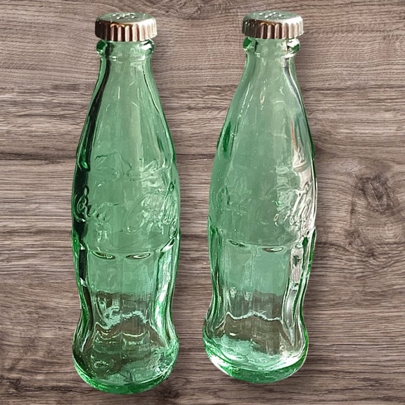 Vintage Coca Cola Mini 4.5" Green Glass Salt & Pepper Shakers, Metal Lids - Picture 1 of 7
